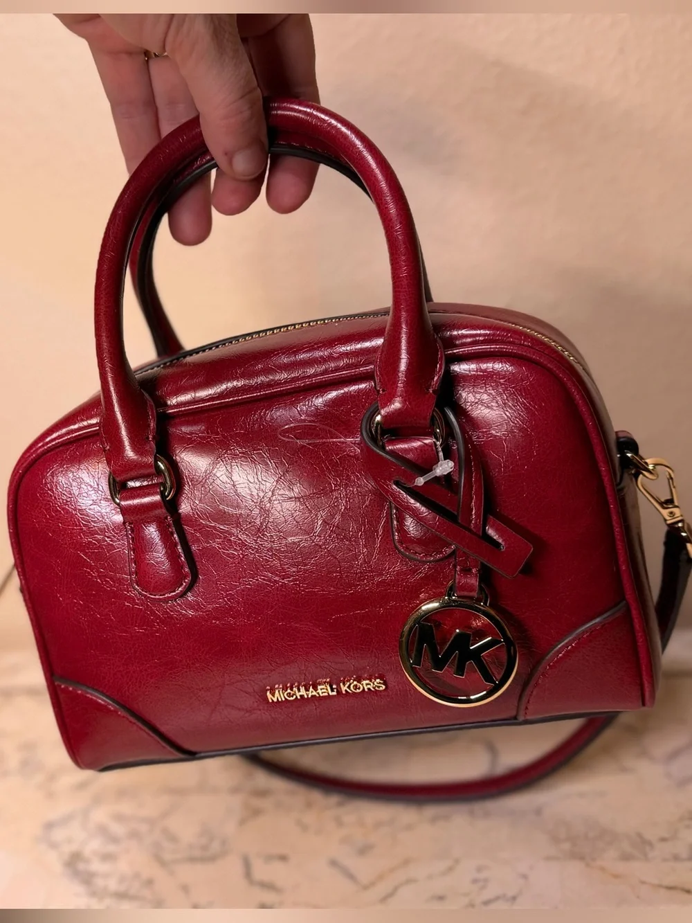 Michael Kors Burgundy Leather Satchel with Gold Logo Charm